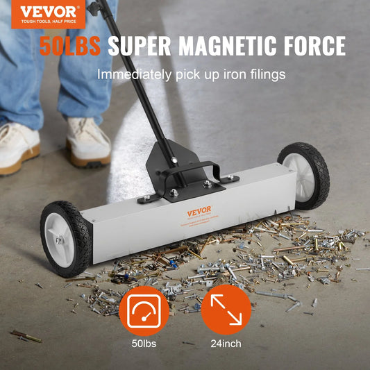 VEVOR 50 lbs Rolling Magnetic Sweeper with Wheels, Push-Type Magnet Pickup Tool, 24-Inch Large Magnet Lawn Sweeper with Telescoping Handle for Effortless Cleanup in Workshops, Garages, and Yards